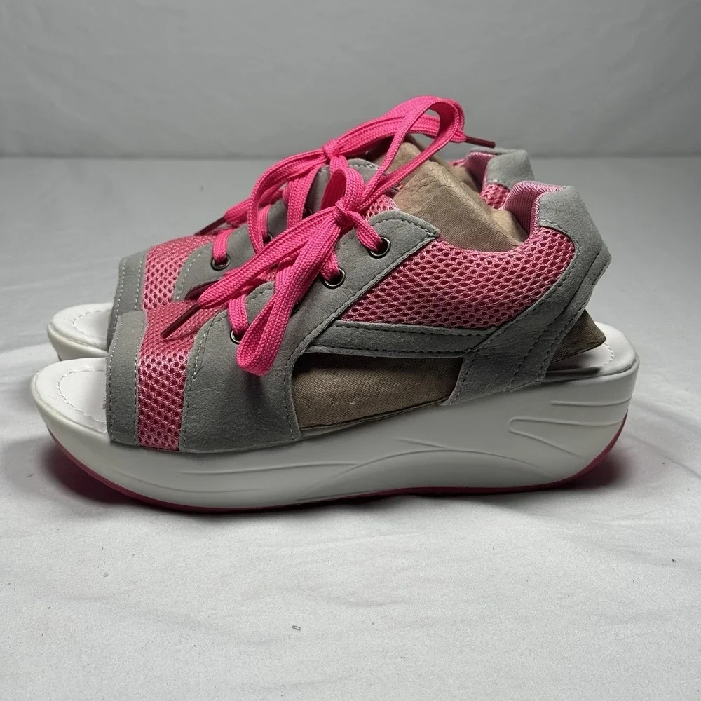 Womens Platform Sandals Pink Mesh Lace Up Comfort Casual‎ US 8 Wedge